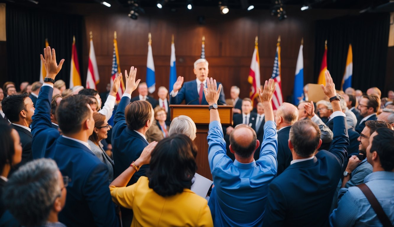 A group of people gather around a podium, raising their hands and engaging in heated discussion about political questions. Flags and banners line the scene