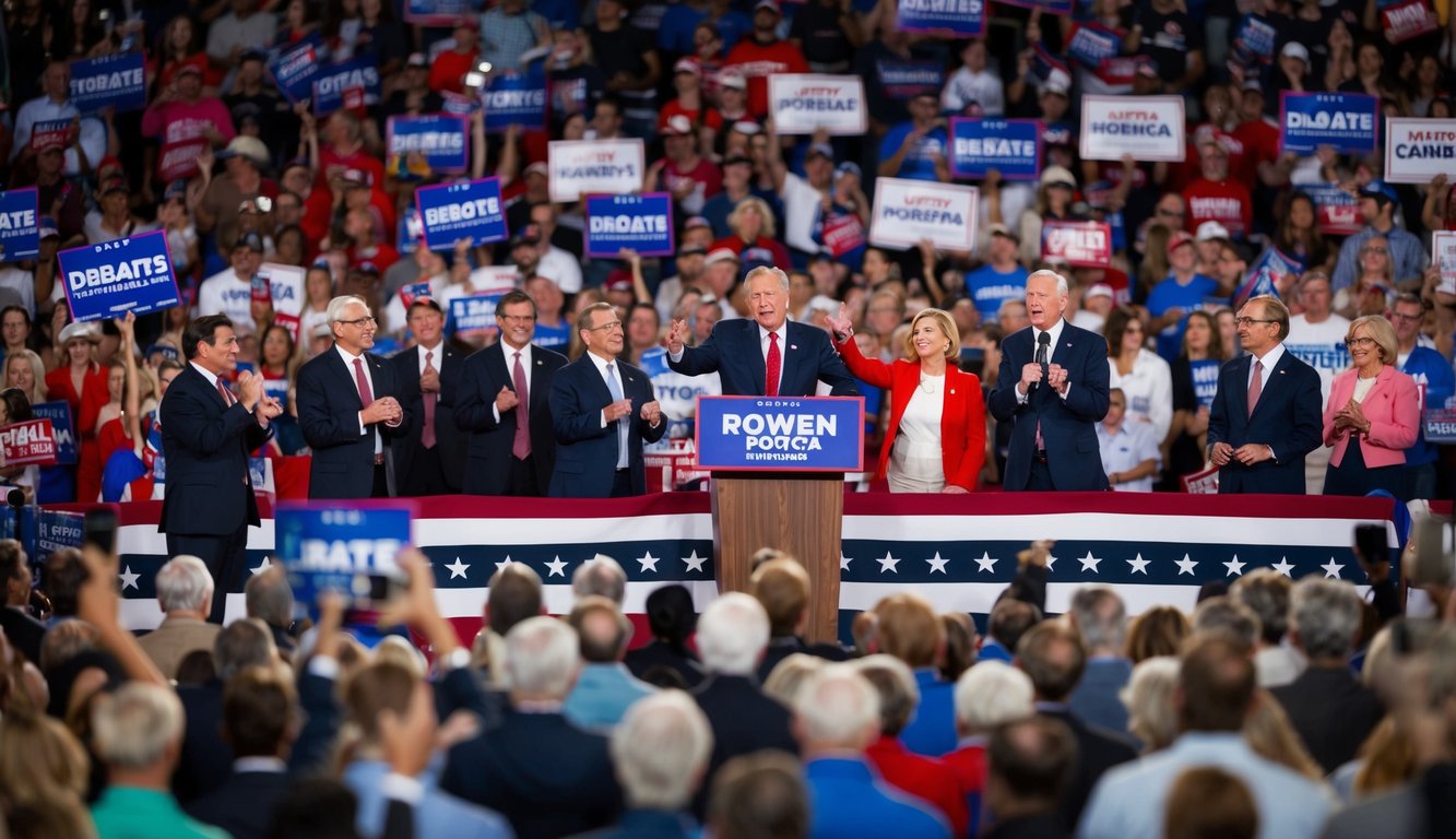 A crowded political rally, with banners and signs, people engaging in debates, and candidates making speeches