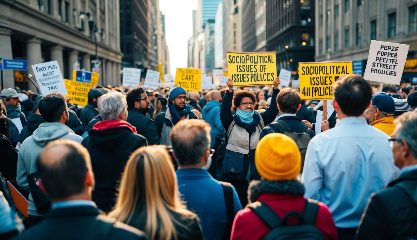 A crowded city street with people holding signs and engaging in heated discussions about sociopolitical issues and policies