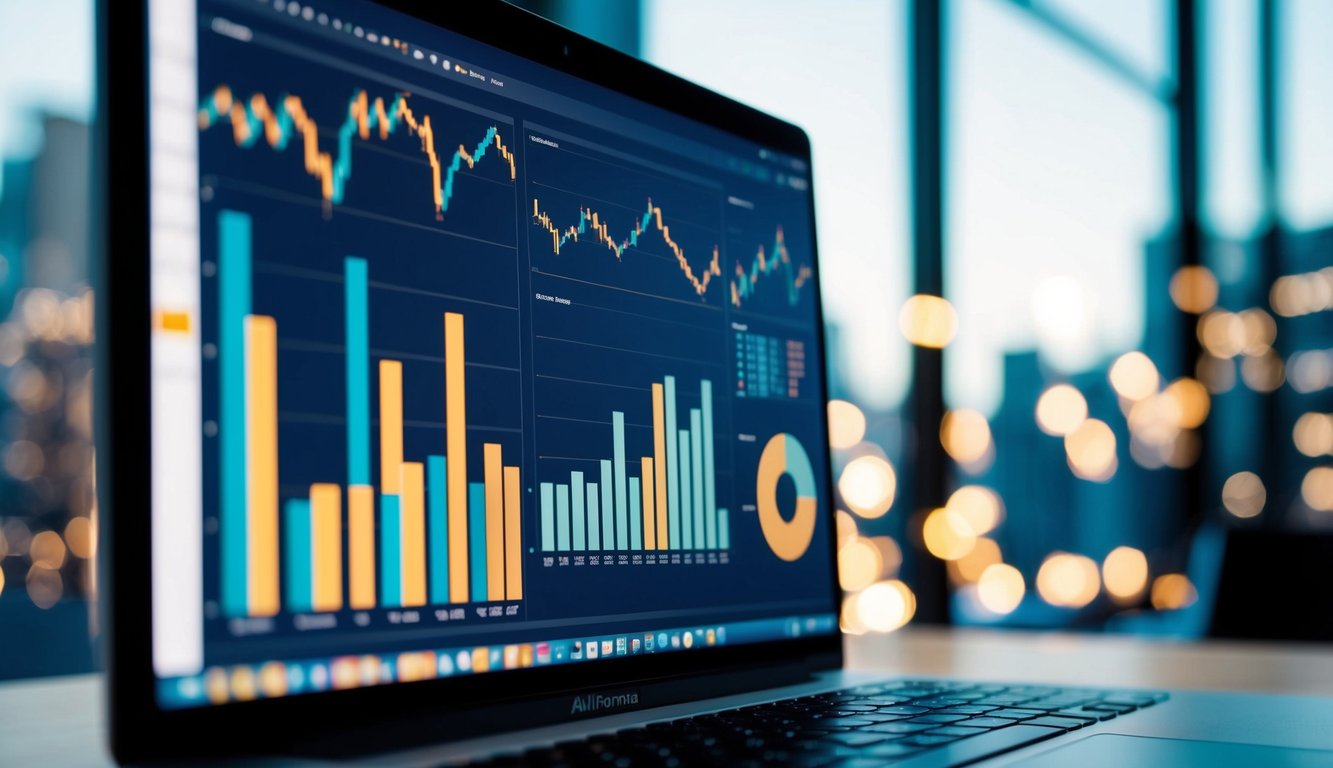 A computer screen shows data graphs and charts. An AI logo is visible in the corner