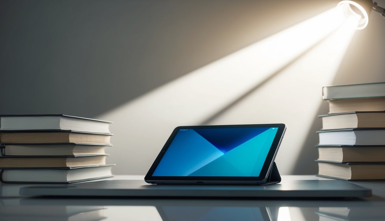 A modern tablet sits on a sleek desk, surrounded by stacks of books. A beam of light shines down on the tablet, casting a soft glow on the surrounding books