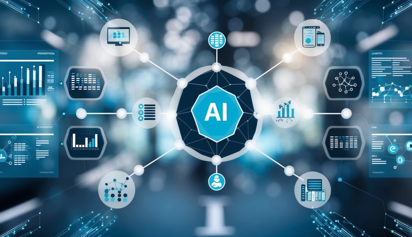 A network of interconnected nodes representing AI and statistics concepts. Graphs, equations, and data visualizations surround a central core