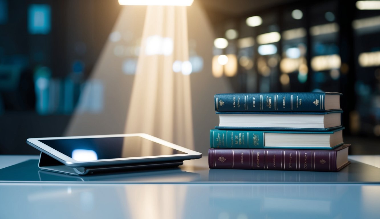 A modern tablet and a stack of traditional books sit side by side on a sleek desk, with a beam of light shining down on them, symbolizing the coexistence of print and digital publishing in the industry