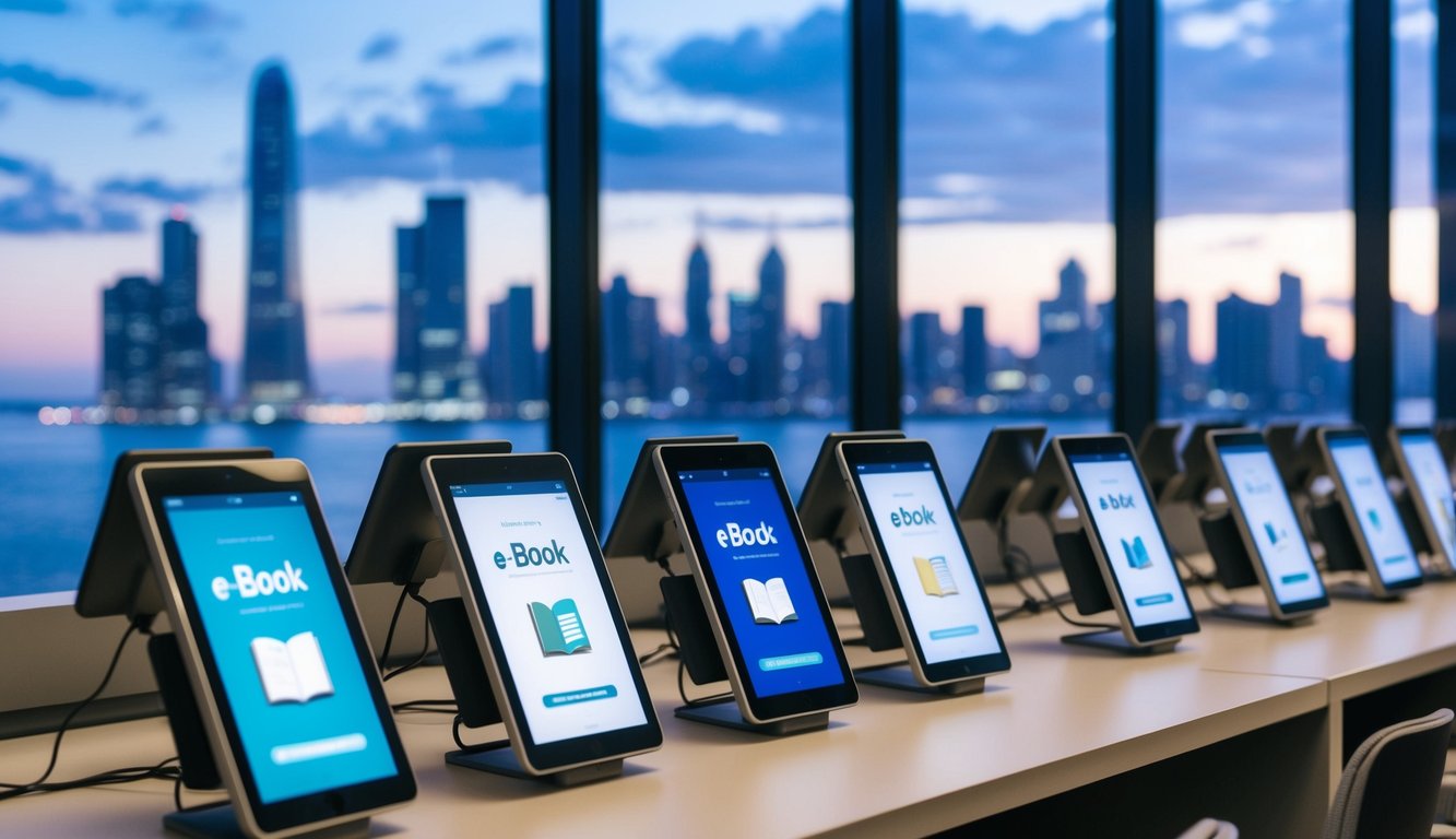 A modern library with rows of digital devices and screens displaying various e-book covers. A futuristic city skyline visible through the window