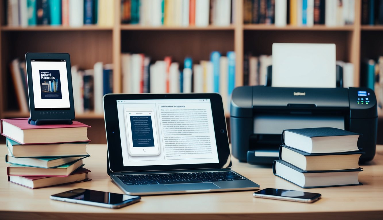 A laptop, tablet, and smartphone sit on a desk, surrounded by stacks of books. A digital reader displays an eBook cover, while a printer churns out a self-published manuscript