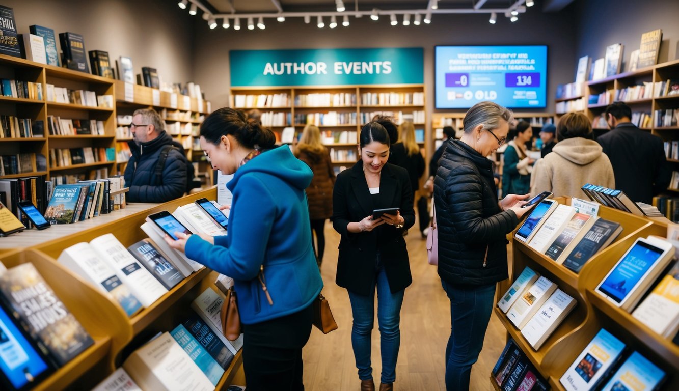 A bustling bookshop with a mix of physical and digital displays. Customers browse through shelves while others use tablets to explore e-books. A sign advertises author events and e-reader discounts