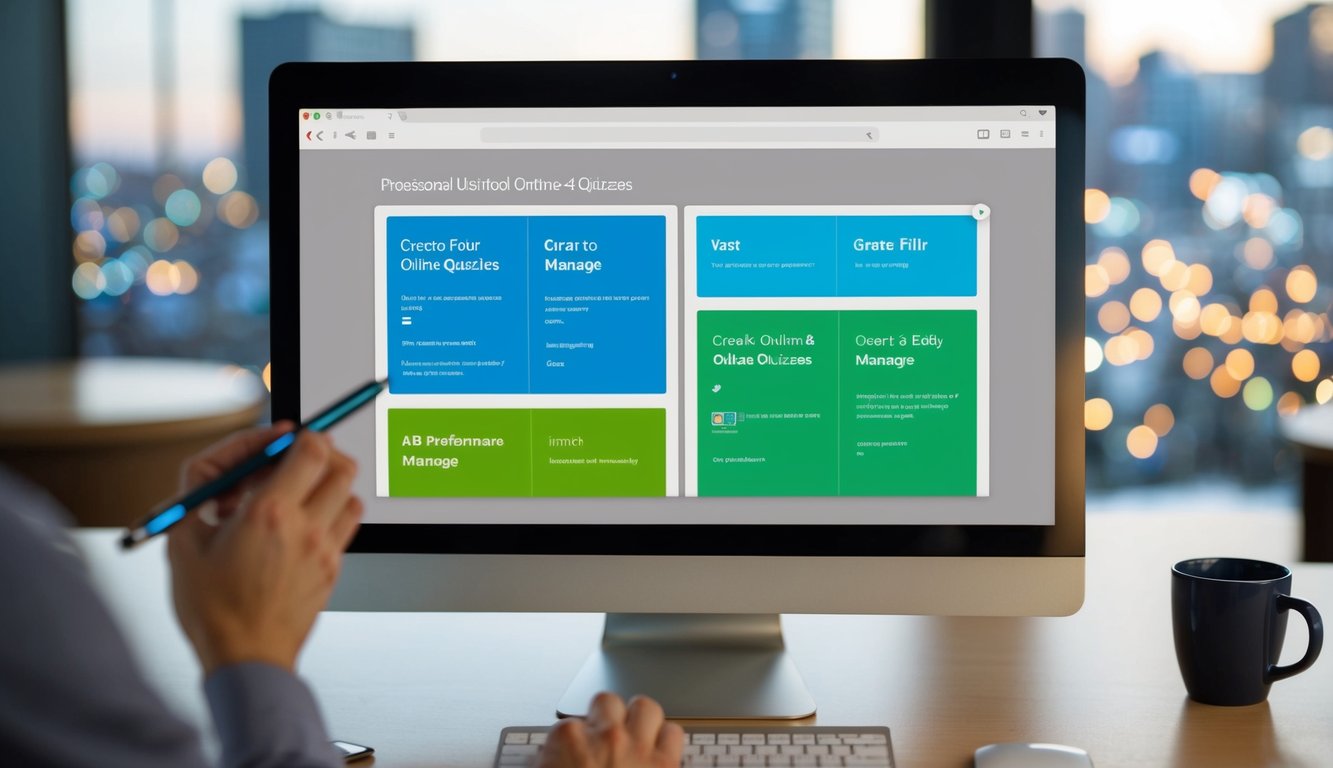 A computer screen displaying a user-friendly interface with options to create, edit, and manage online quizzes. A stylus hovers over the screen, ready to input information