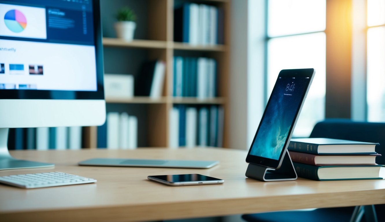 A modern office setting with a computer, tablet, and smartphone on a desk. A stack of books sits next to the devices, showcasing the transition from traditional publishing to digital formats