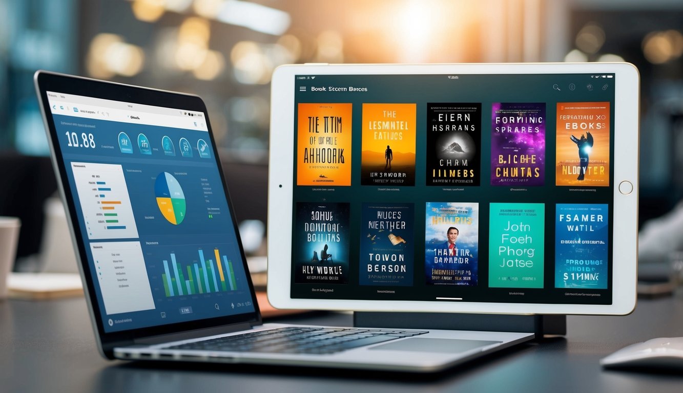 A digital tablet displaying an array of eBook covers with various genres and authors. A laptop with a marketing dashboard showing analytics and distribution data