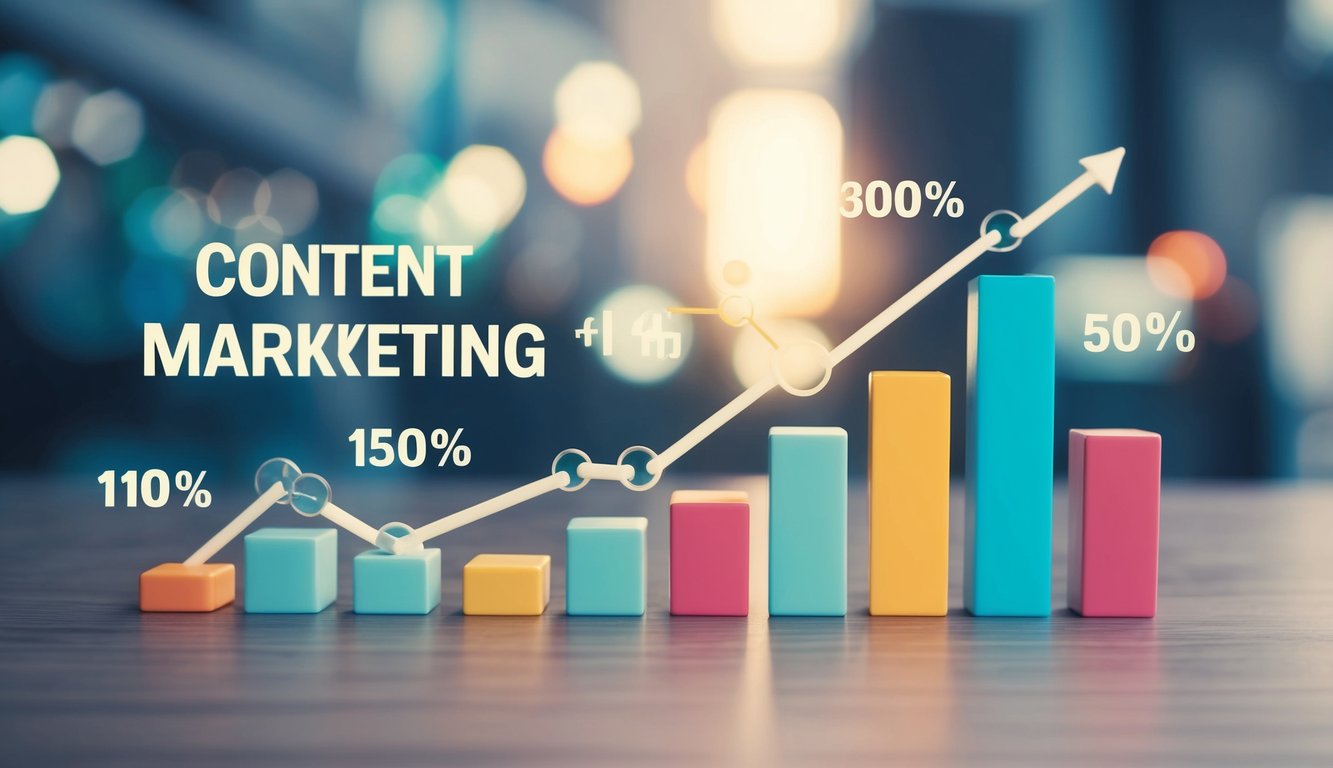 A series of interconnected graphs and charts displaying various content marketing statistics