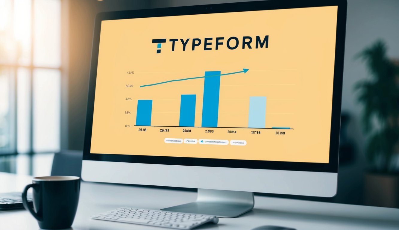 A computer screen displays Typeform's logo and a graph showing steady growth and integration with other platforms