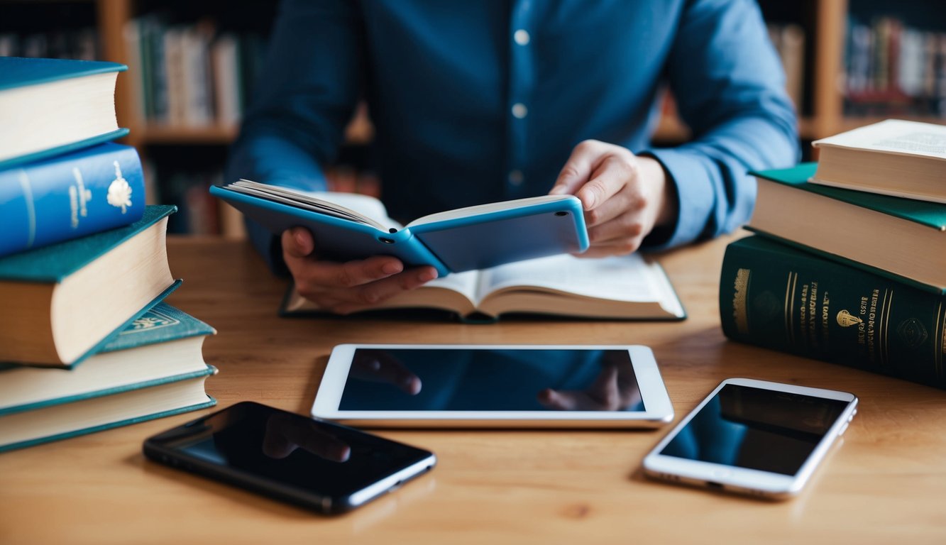 A person reading an eBook on a tablet, surrounded by physical books, with a smartphone nearby. The scene depicts the coexistence of traditional and digital reading habits