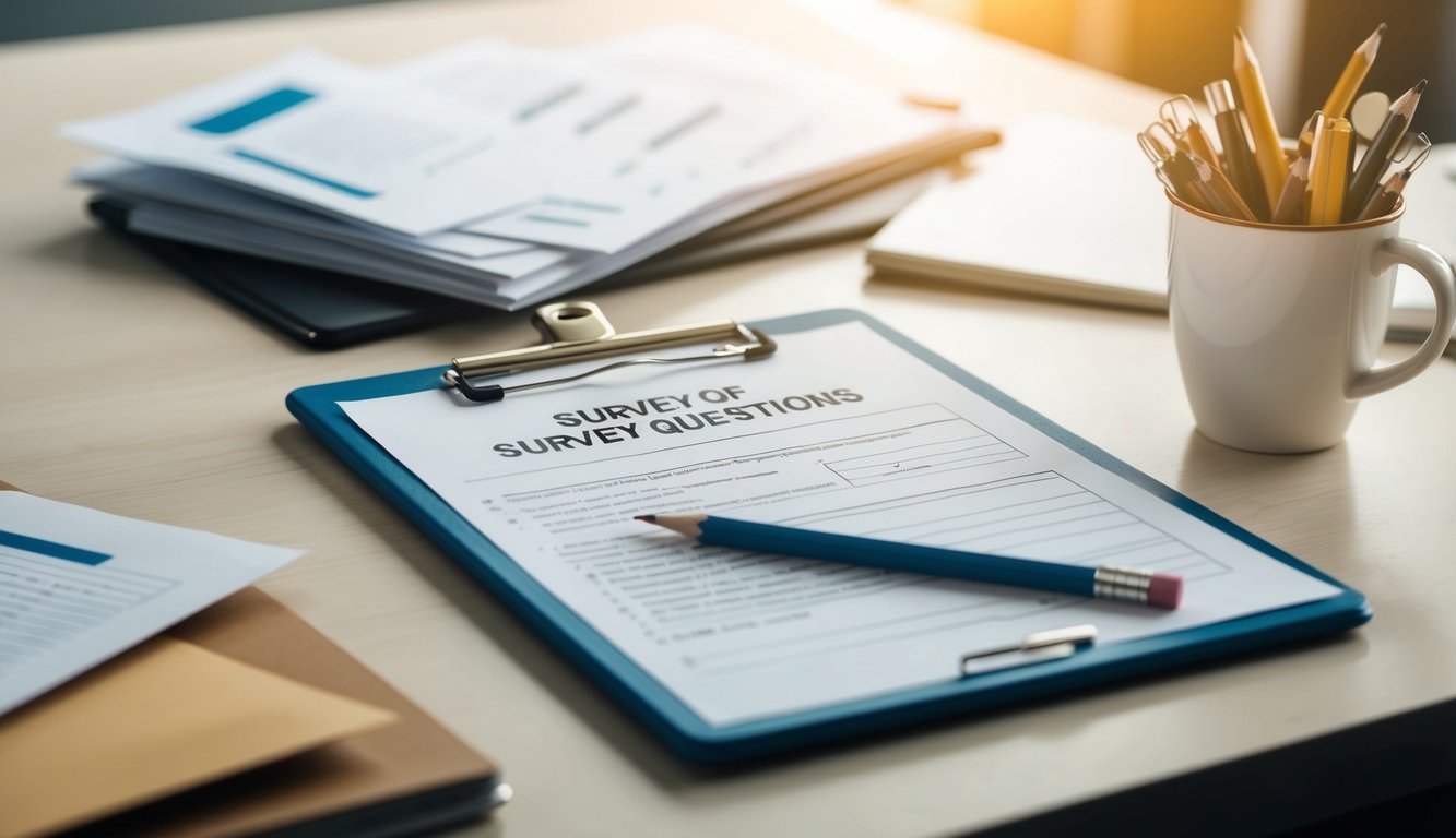 A clipboard with survey questions, a pencil, and scattered papers on a desk