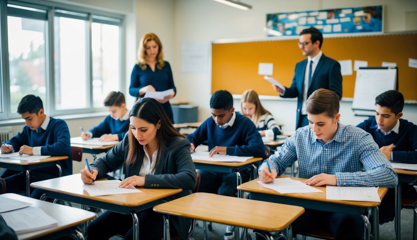 A classroom setting with students filling out survey forms at their desks, while a teacher observes and guides the process