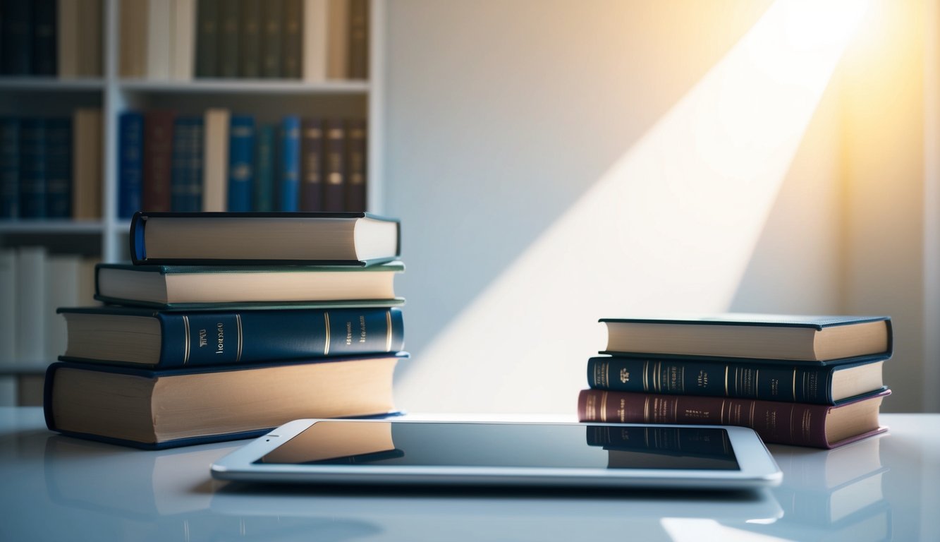 A modern tablet sits on a sleek desk, surrounded by stacks of traditional books. A beam of light shines down, illuminating the tablet and casting a soft glow across the room