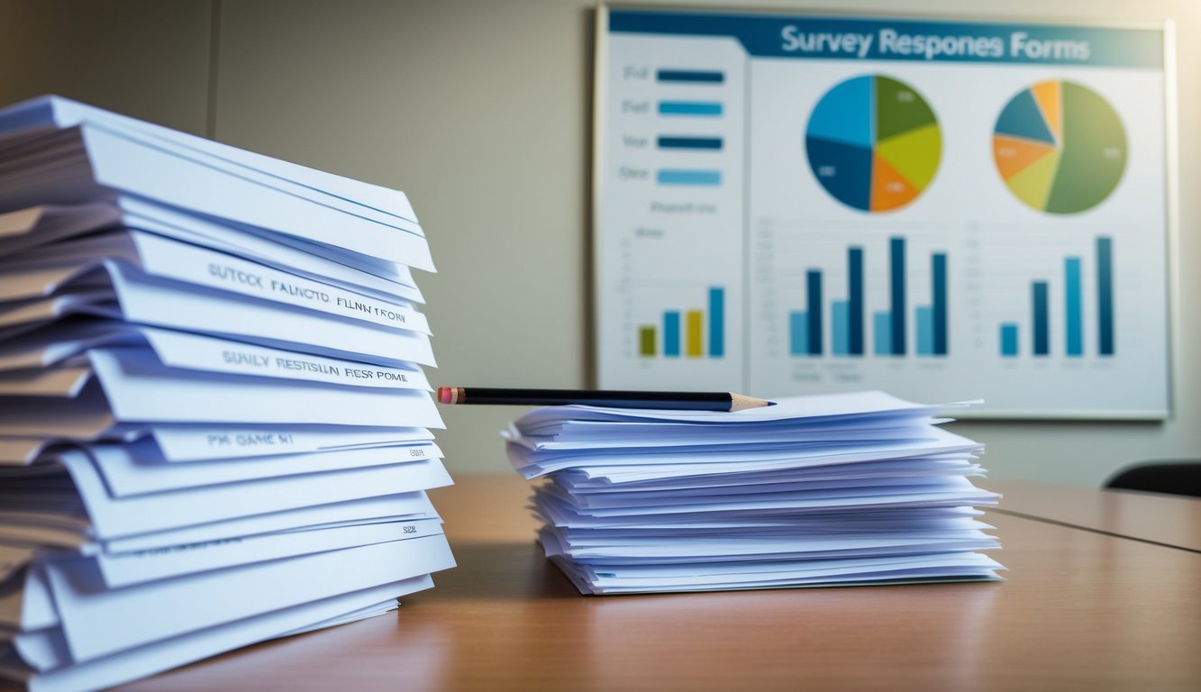 A stack of survey response forms sits on a table, with a pencil resting on top. A chart on the wall displays bar graphs and pie charts