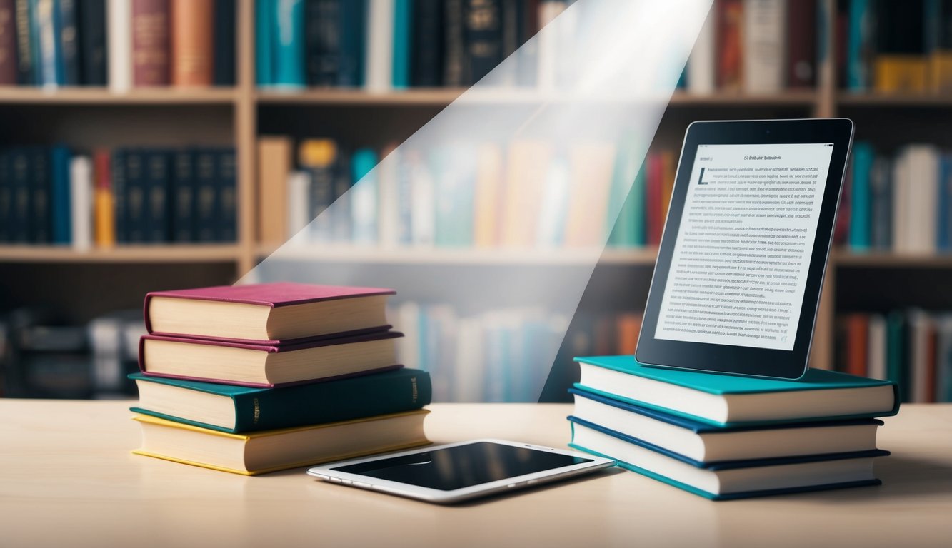 A stack of printed books sits next to a tablet and e-reader on a desk. A beam of light shines down on the devices, symbolizing the impact of technology on the publishing industry