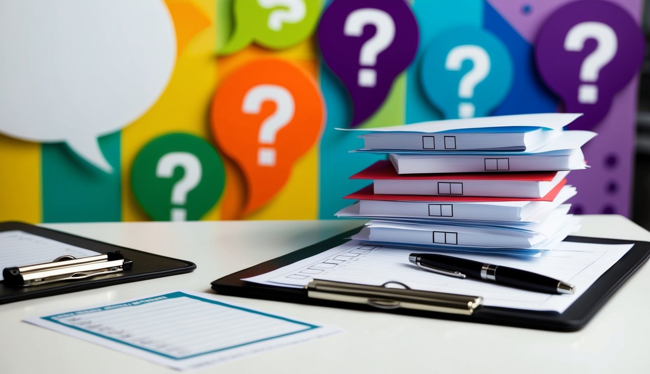 A table with various objects: a clipboard, pen, and a stack of papers with checkboxes. A colorful backdrop with speech bubbles and question marks