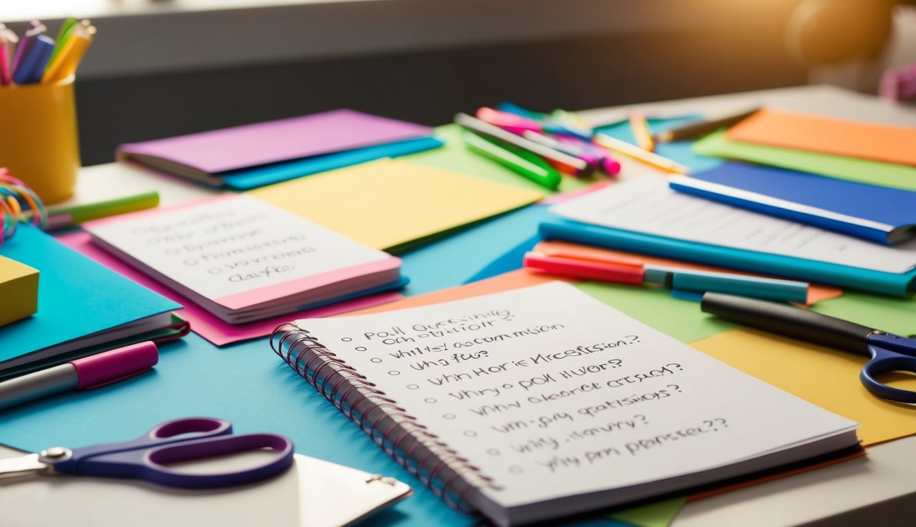 A table with colorful craft supplies scattered around. A notebook with various poll question ideas written on it. Pens, markers, and scissors are visible