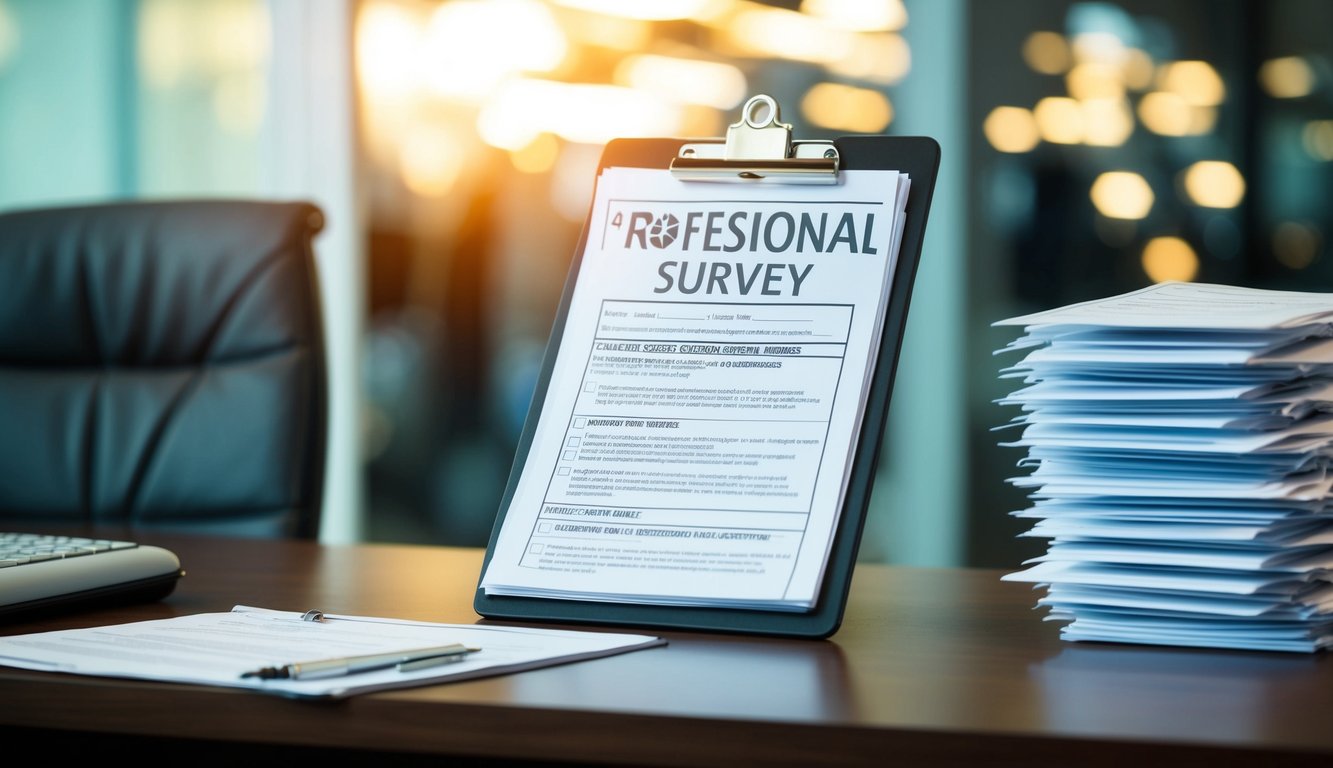 A clipboard with a survey and a stack of questionnaires on a desk