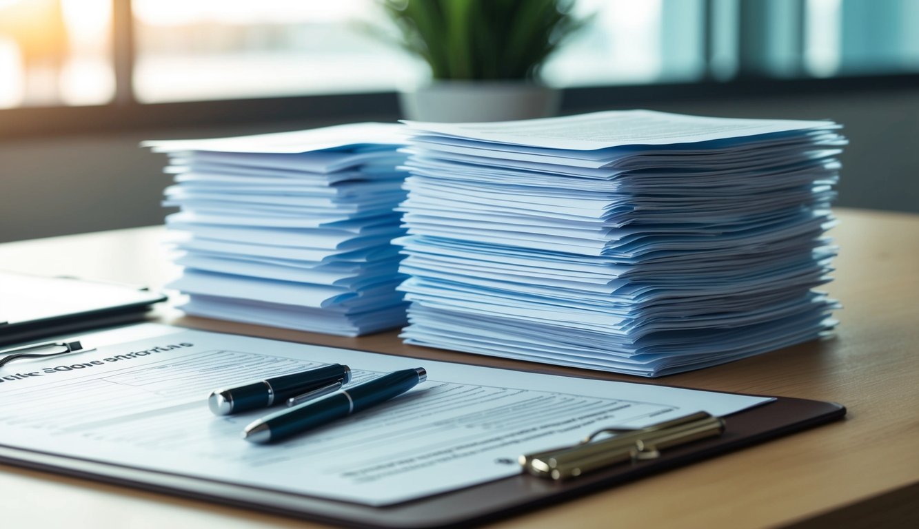 A stack of completed surveys and questionnaires side by side on a desk, with a pen and clipboard nearby