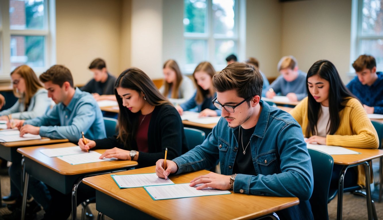 A group of students sitting at desks, filling out survey forms