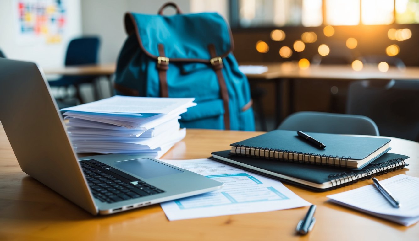 A table with a laptop, notebook, and pen. A stack of papers with survey questions. A student's backpack on the chair