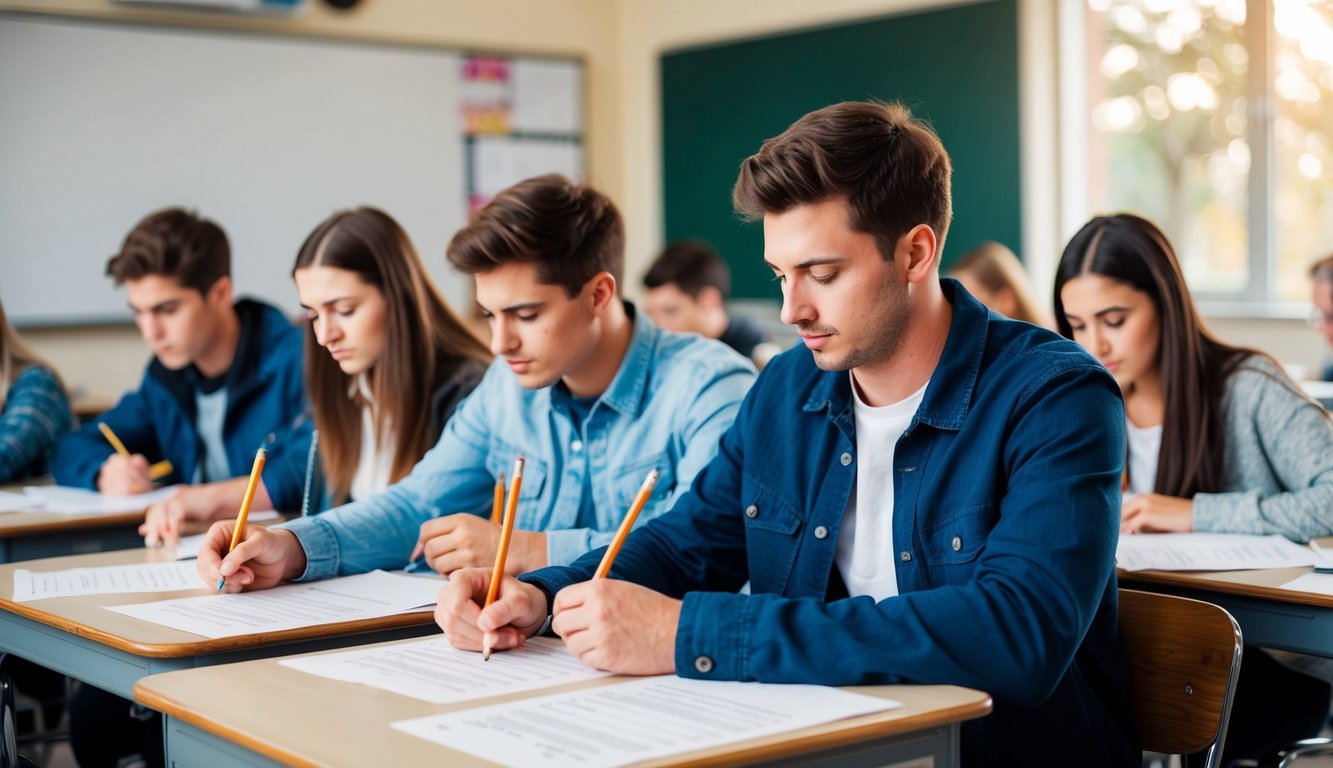 A group of students filling out survey forms with pencils and papers on desks in a classroom