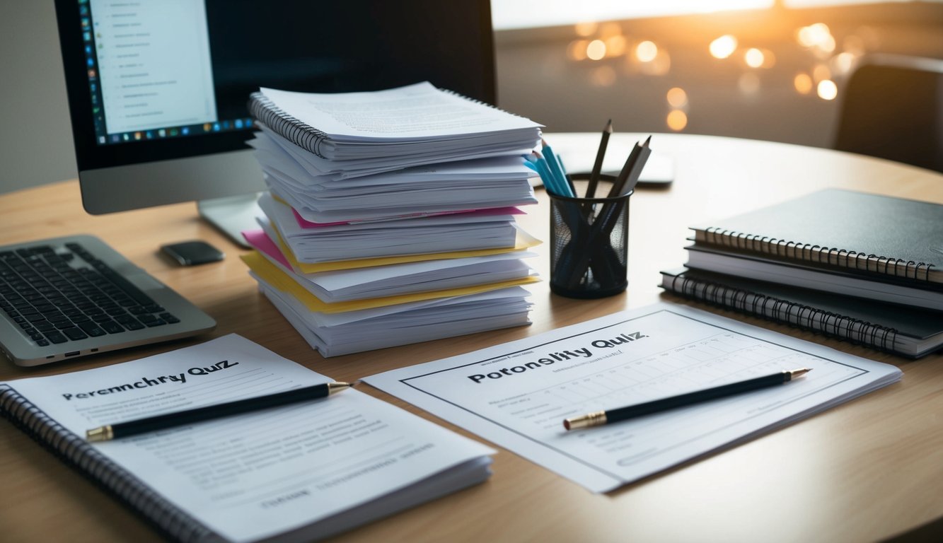 A table with various objects: a computer, notebook, and pens. A stack of personality quiz papers and a completed quiz with a pencil