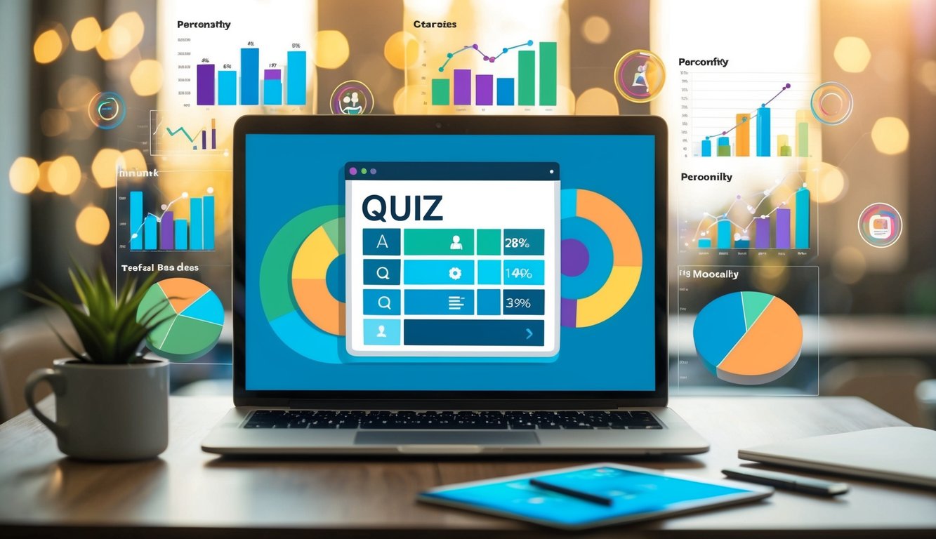 A laptop with a quiz deployment and analysis tool open on the screen, surrounded by colorful charts and graphs representing personality data