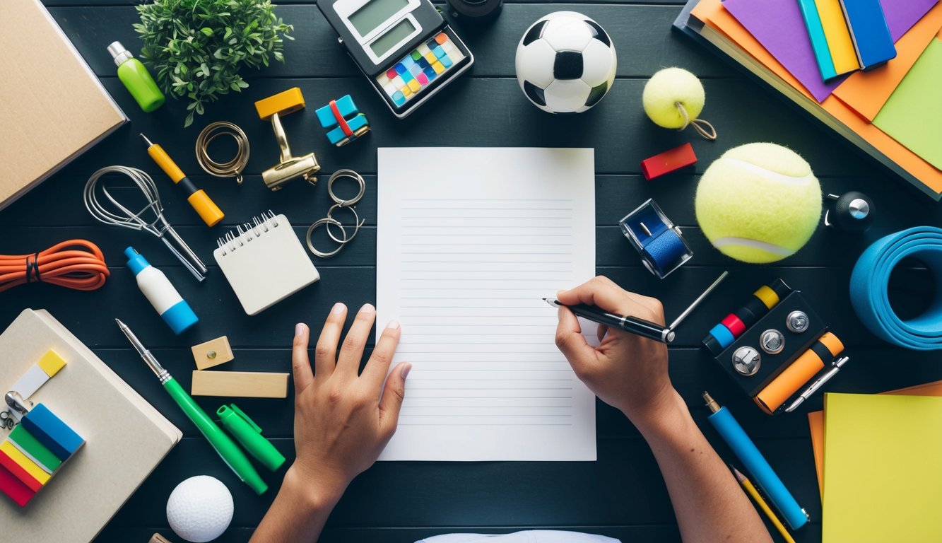 A table with a pen and paper, surrounded by various objects representing different interests and activities, such as books, art supplies, sports equipment, and musical instruments