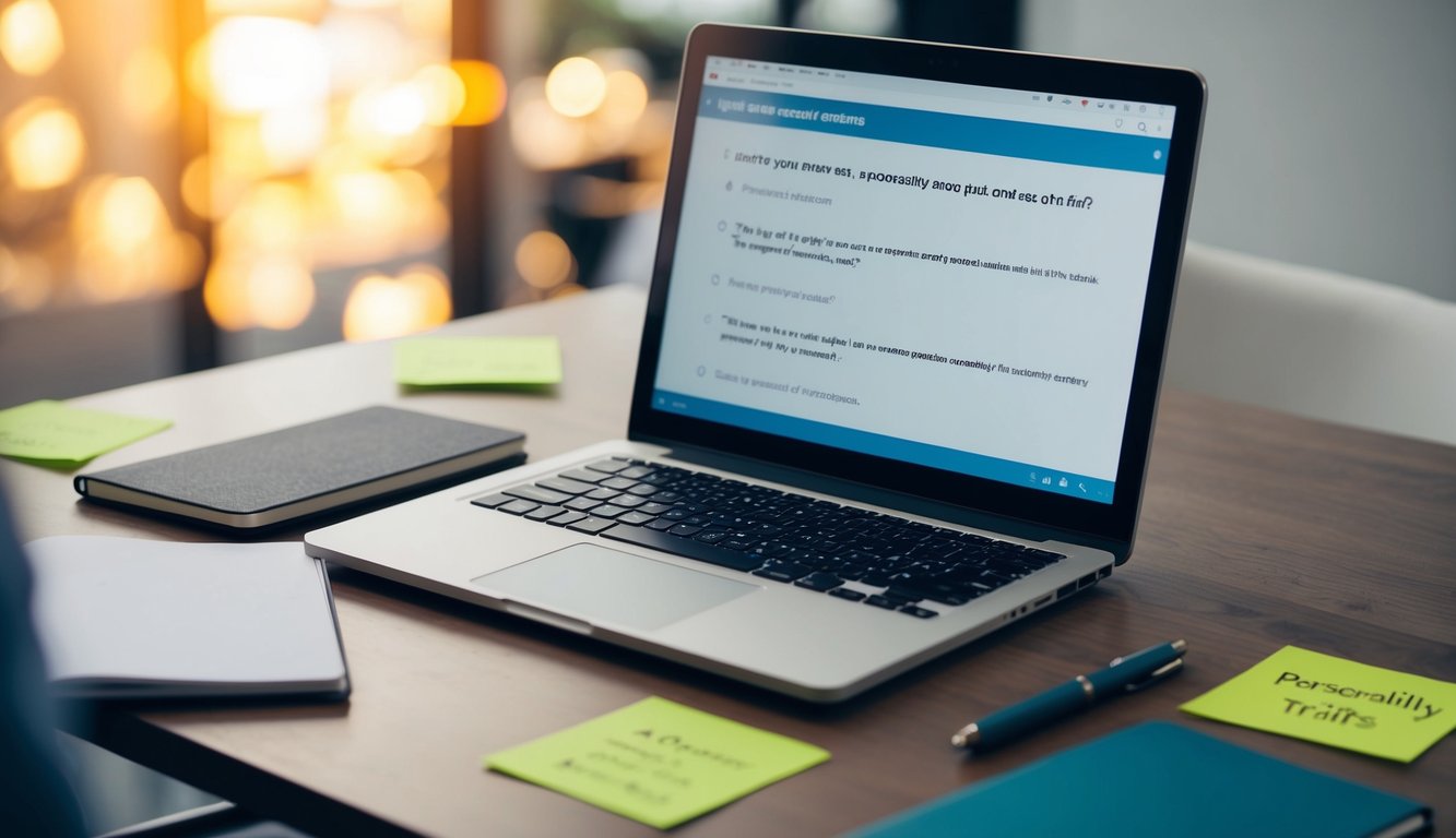 A table with a laptop, a notebook, and a pen. A series of questions on a computer screen. Personality traits written on sticky notes scattered around