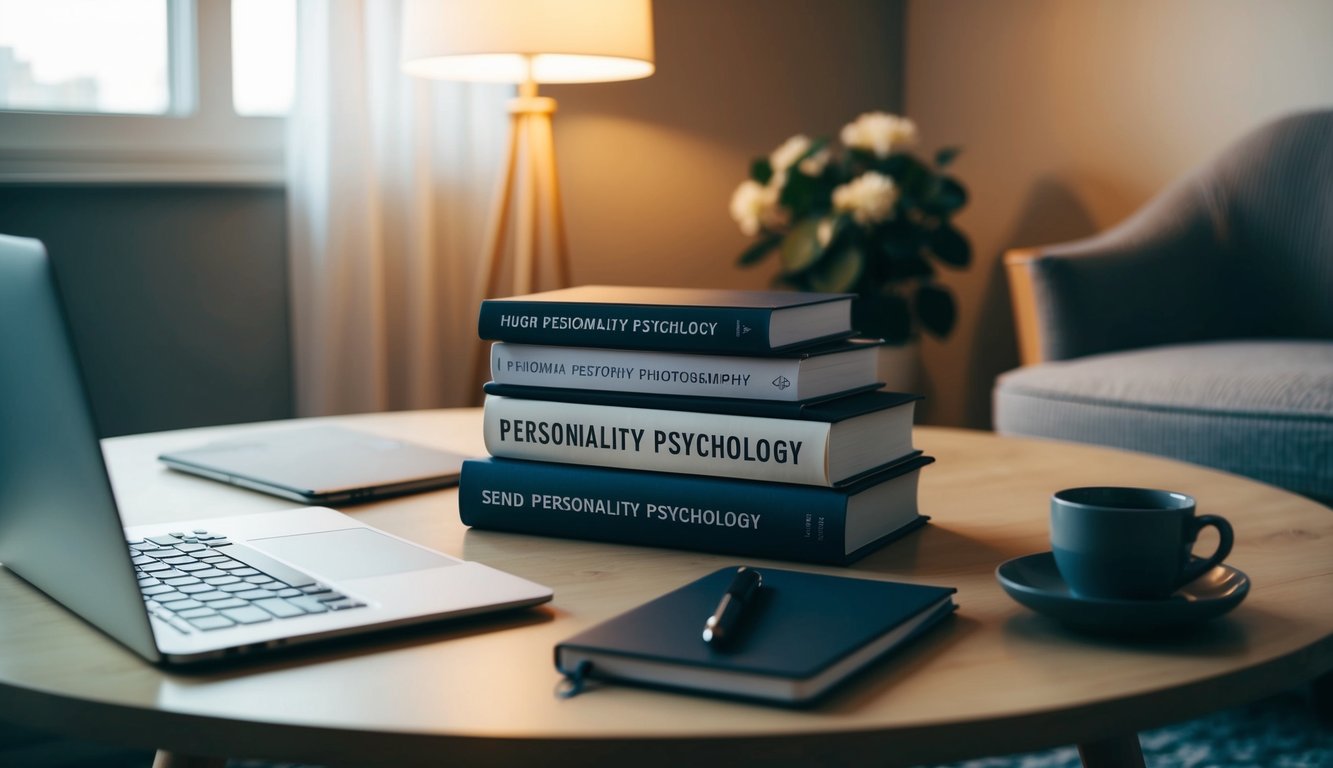 A table with a laptop, notebook, and pen. A stack of books on personality psychology. A cozy chair and a warm lamp