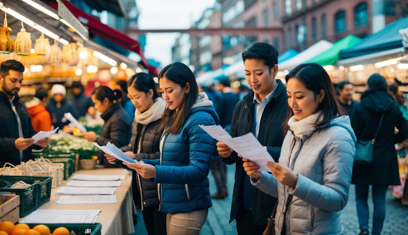 A group of people fill out survey forms at a bustling market. Vendors display goods while customers browse and chat. Busy and lively atmosphere