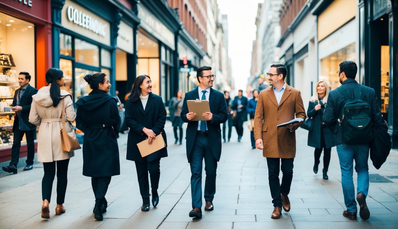 A bustling city street with various storefronts and people walking by. A market researcher holds a clipboard and approaches passersby for feedback