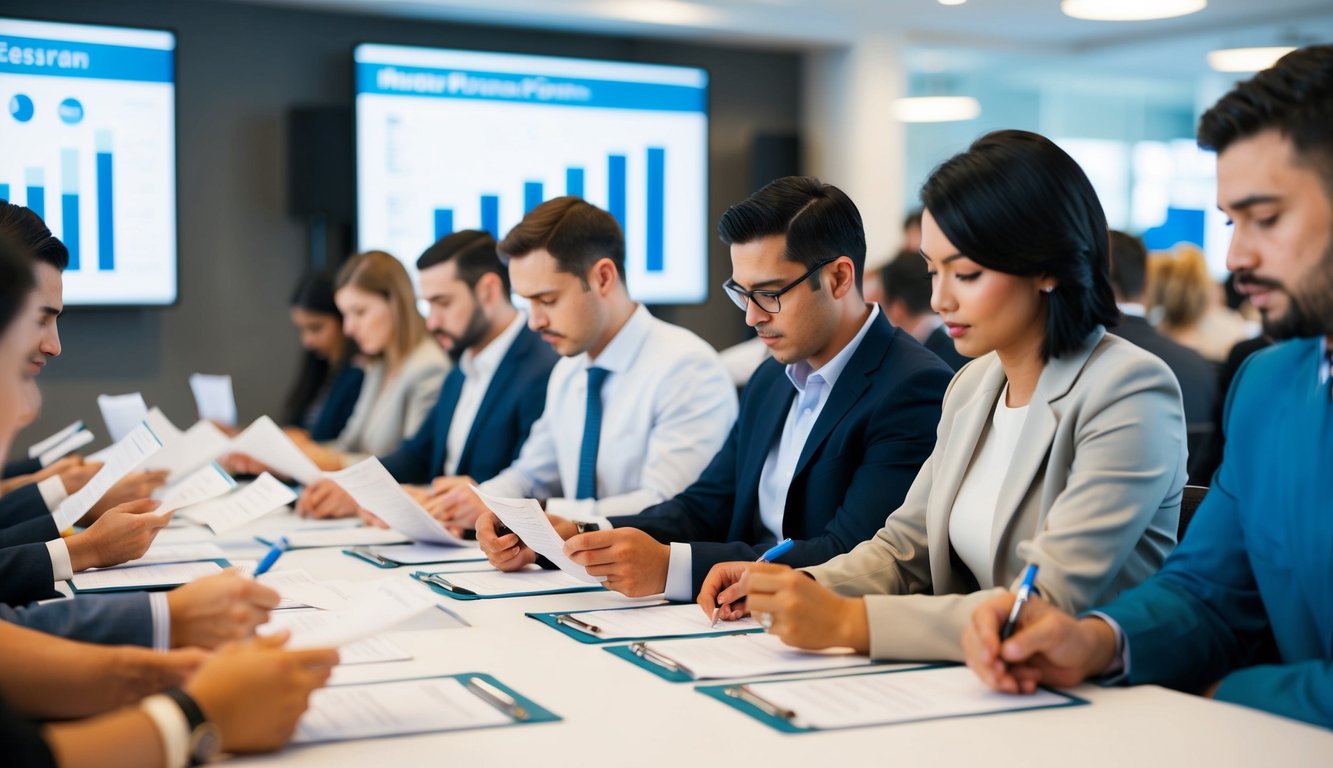 A group of people filling out survey forms at a market research event. Charts and graphs displayed on screens in the background