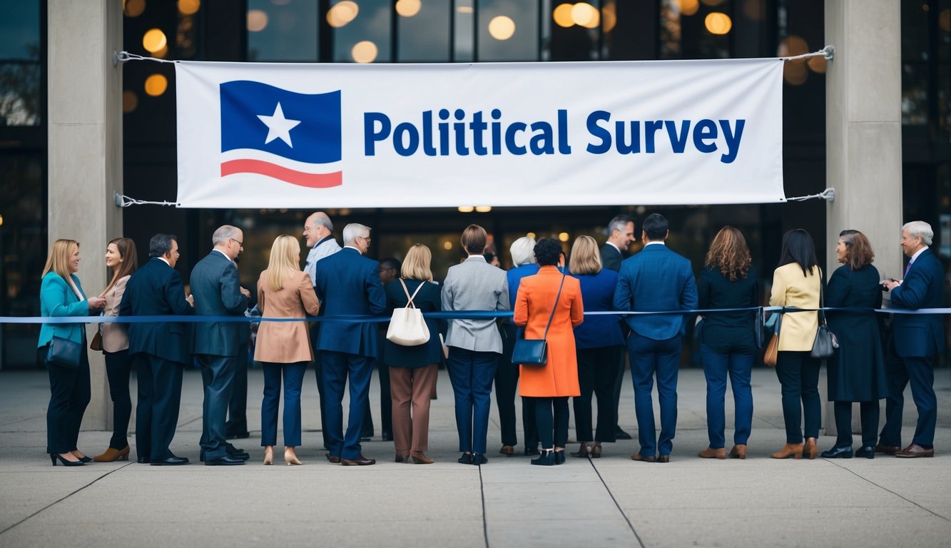 A group of people standing in line, waiting to participate in a political survey. A large banner with the survey's logo hangs above them