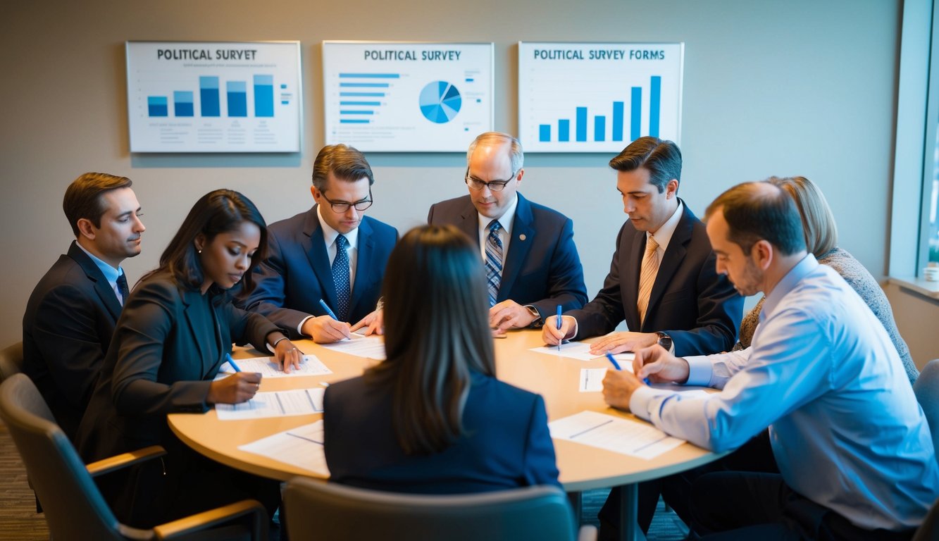 A group of people gathered around a table, discussing and filling out political survey forms. Charts and graphs displayed on the wall