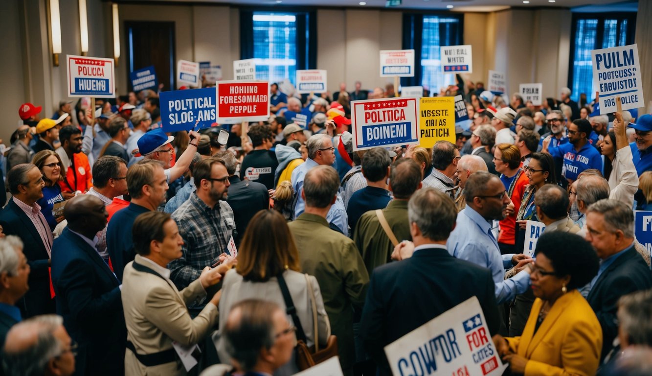 A crowded room with people holding signs and engaging in lively discussions, with banners and posters displaying political slogans and symbols