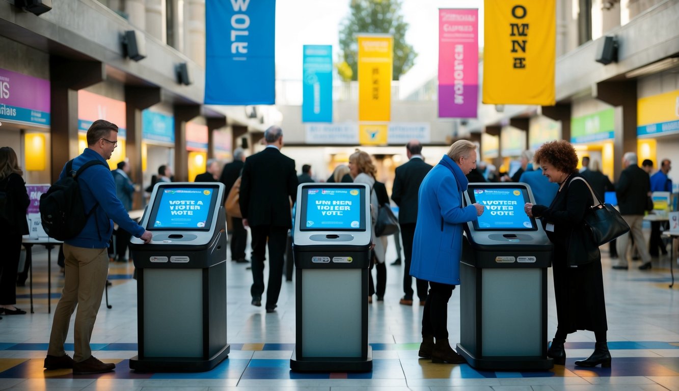 A bustling plaza with people voting at interactive kiosks. Colorful signs and banners decorate the area, creating a lively and engaging atmosphere