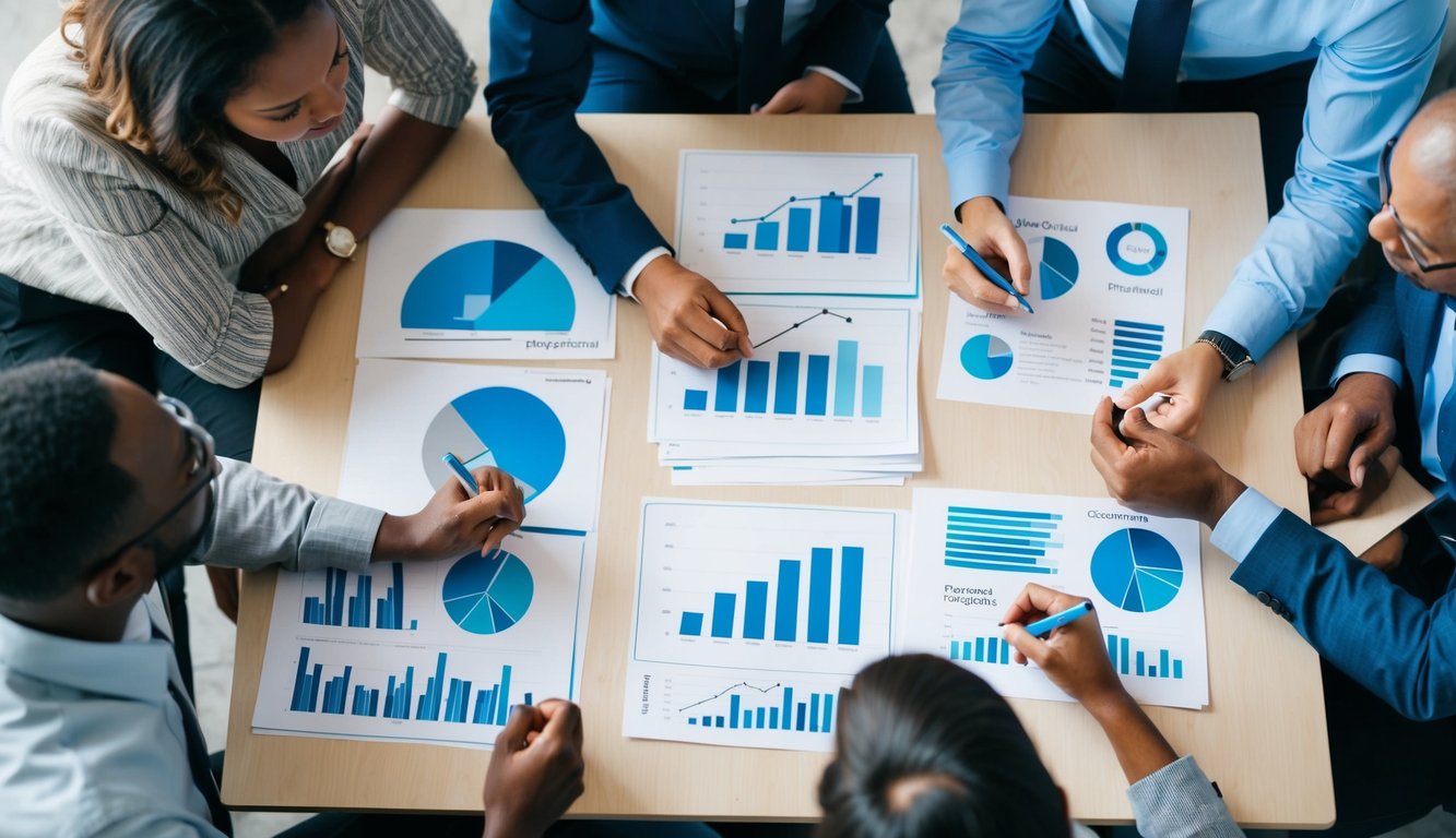 A group of people gather around a table, discussing and brainstorming ideas for customizing plans. Charts and graphs are spread out, and pens are scribbling notes