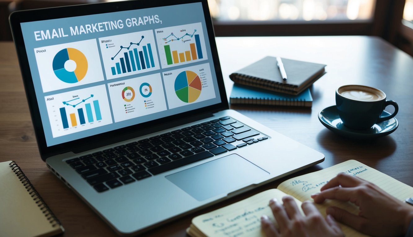 A laptop displaying various email marketing graphs, charts, and statistics. An open notebook with handwritten notes and a cup of coffee next to it