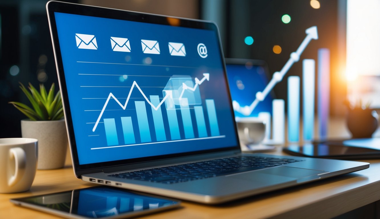 A laptop surrounded by various digital devices, with email icons and charts displaying upward trends