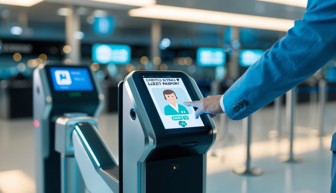 A futuristic airport security checkpoint scans a traveler's digital health passport