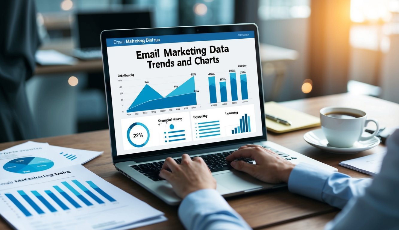 A laptop displaying email marketing data trends and charts, surrounded by strategic planning notes and a cup of coffee