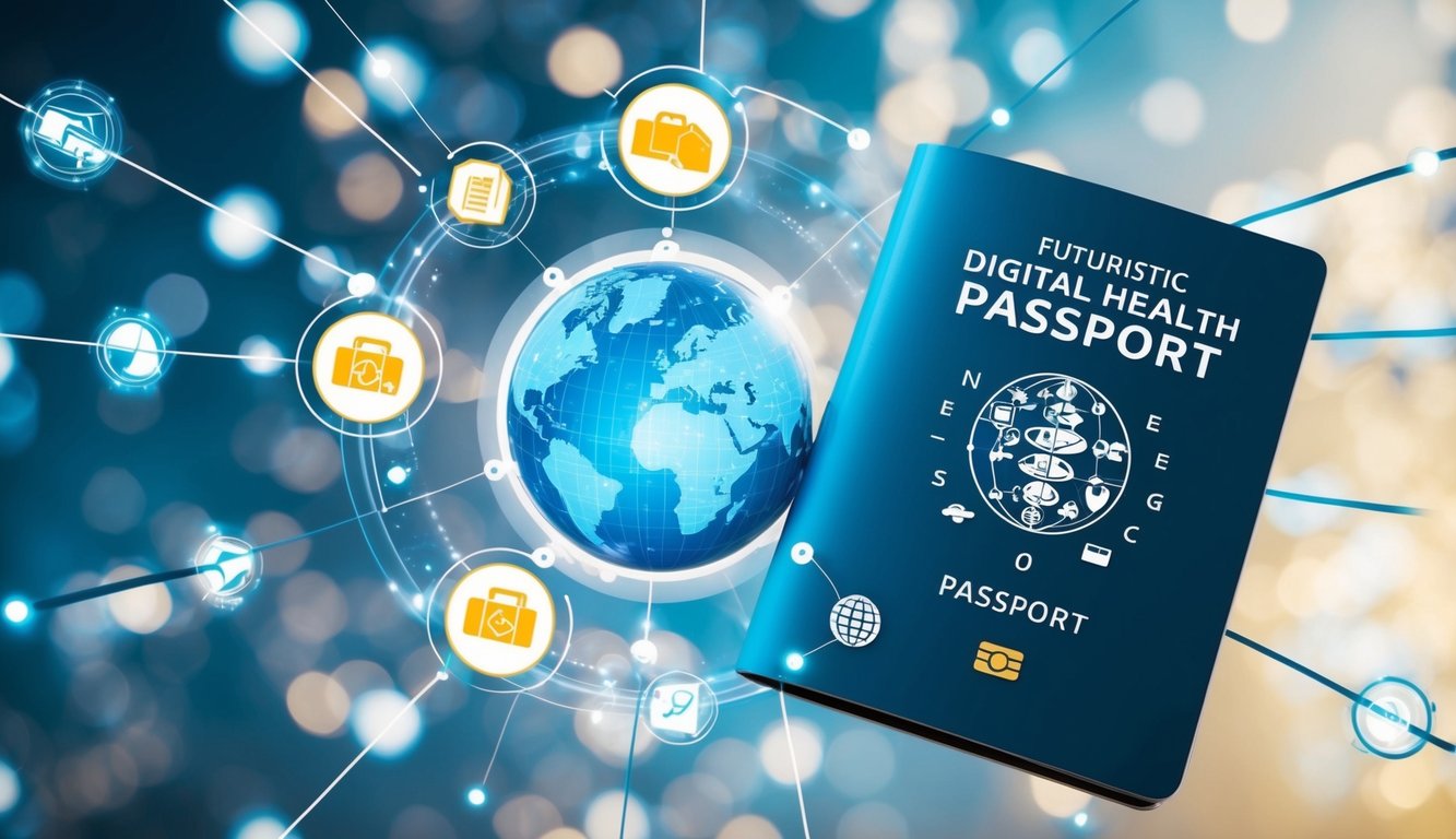 A futuristic digital health passport with a globe and travel-related icons surrounded by a network of interconnected data streams