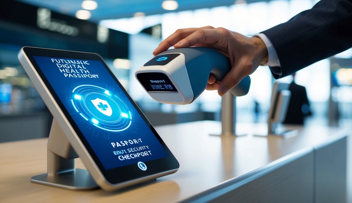 A futuristic digital health passport being scanned at a high-tech airport security checkpoint