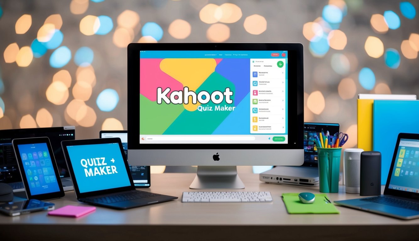 A computer screen with a colorful and engaging Kahoot quiz maker interface, surrounded by various digital devices and educational materials