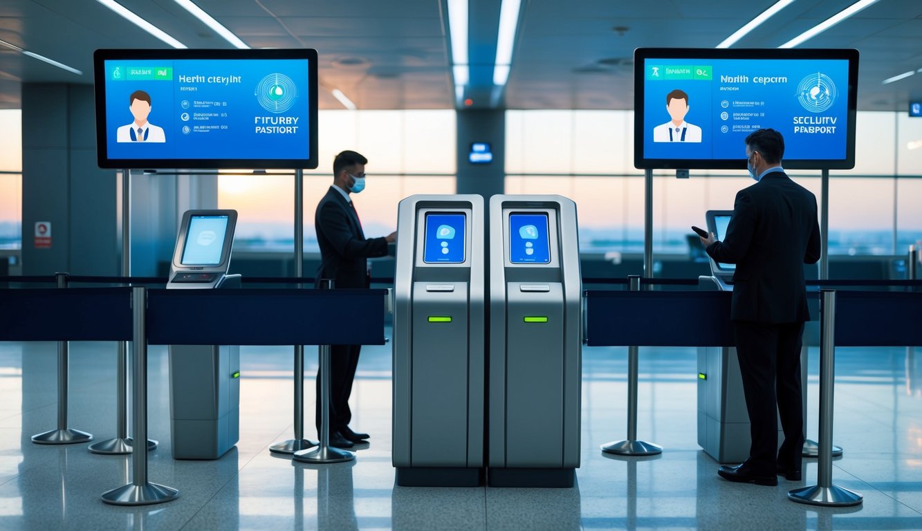 A futuristic airport security checkpoint scans digital health passports for travelers before boarding. Advanced technology and biometric data verification ensure safe global travel