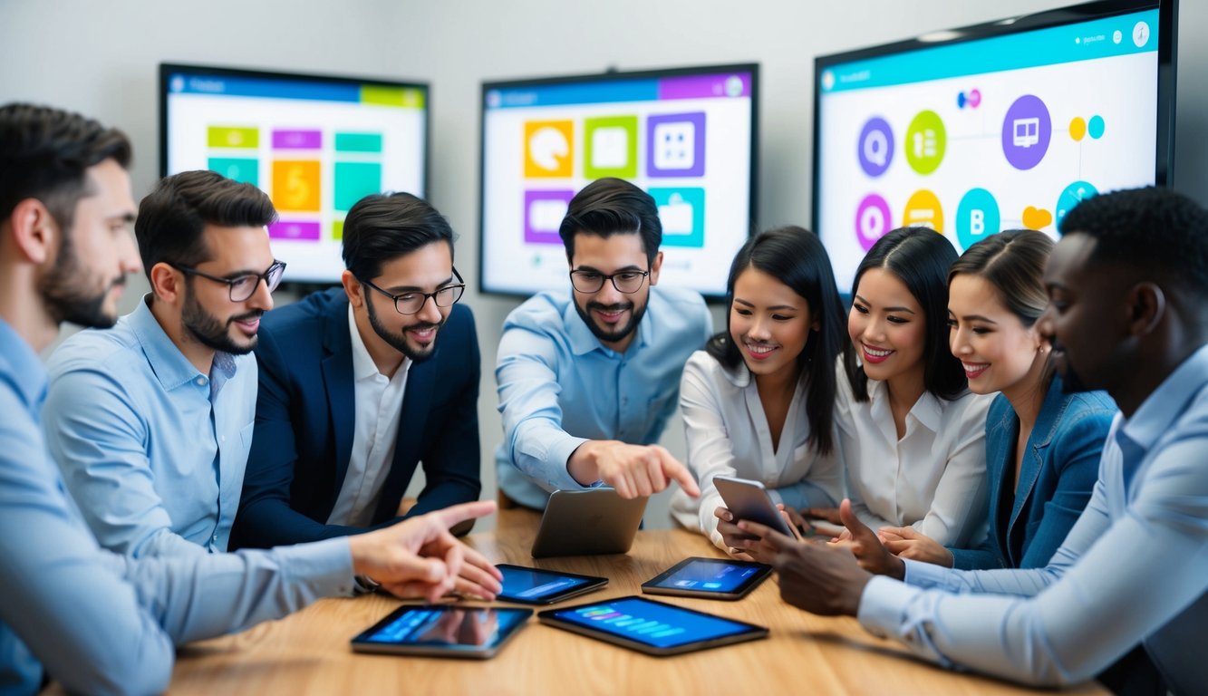 A group of people gather around a digital device, pointing and discussing. Multiple screens show a colorful and interactive quiz-making platform